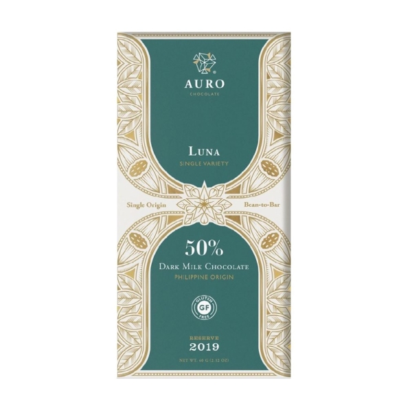 A dark milk chocolate bar in the Luna flavour from the Auro brand