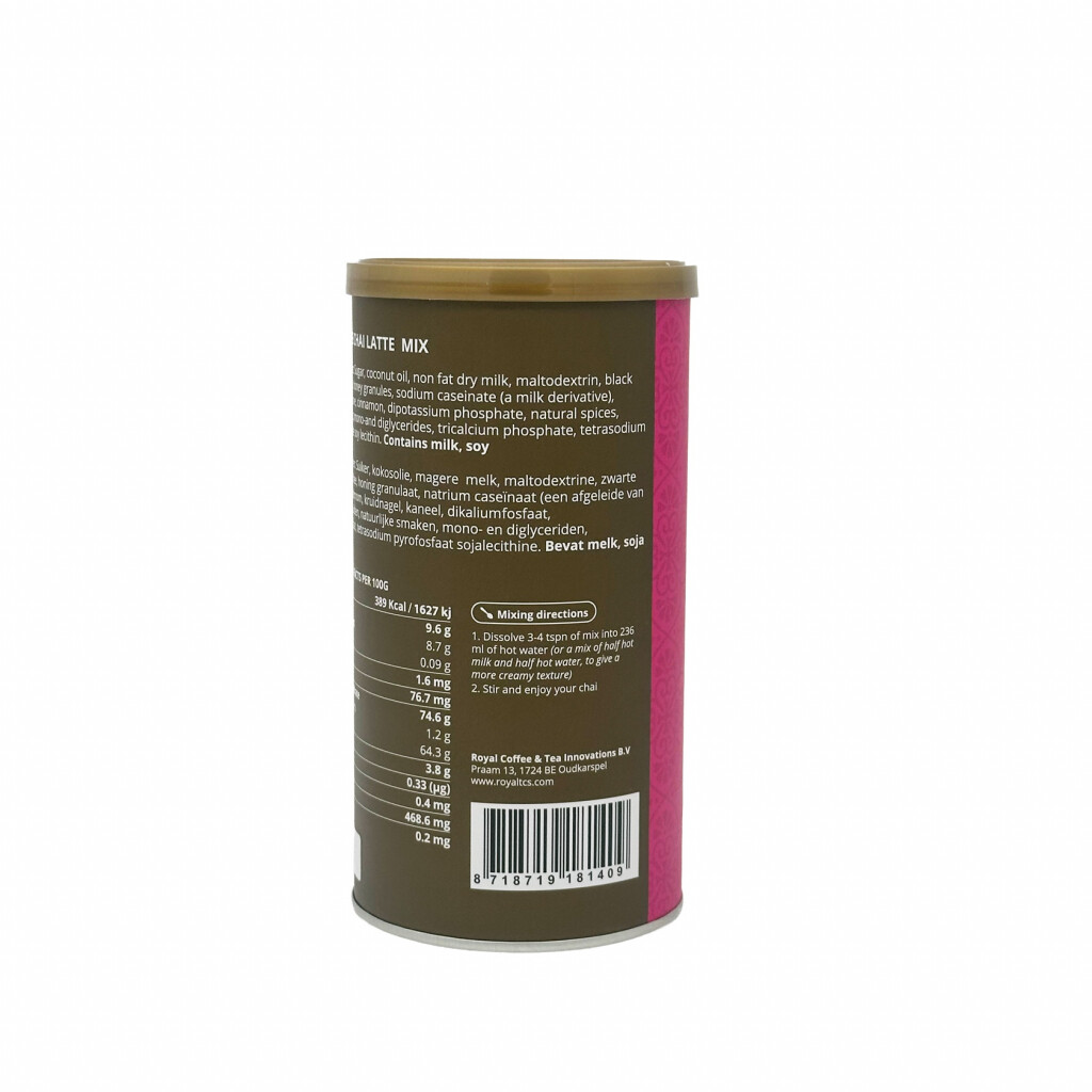 Achterkant en gebruiksaanwijzing van de Royal T Rich Spice Chai Latte 340 gram