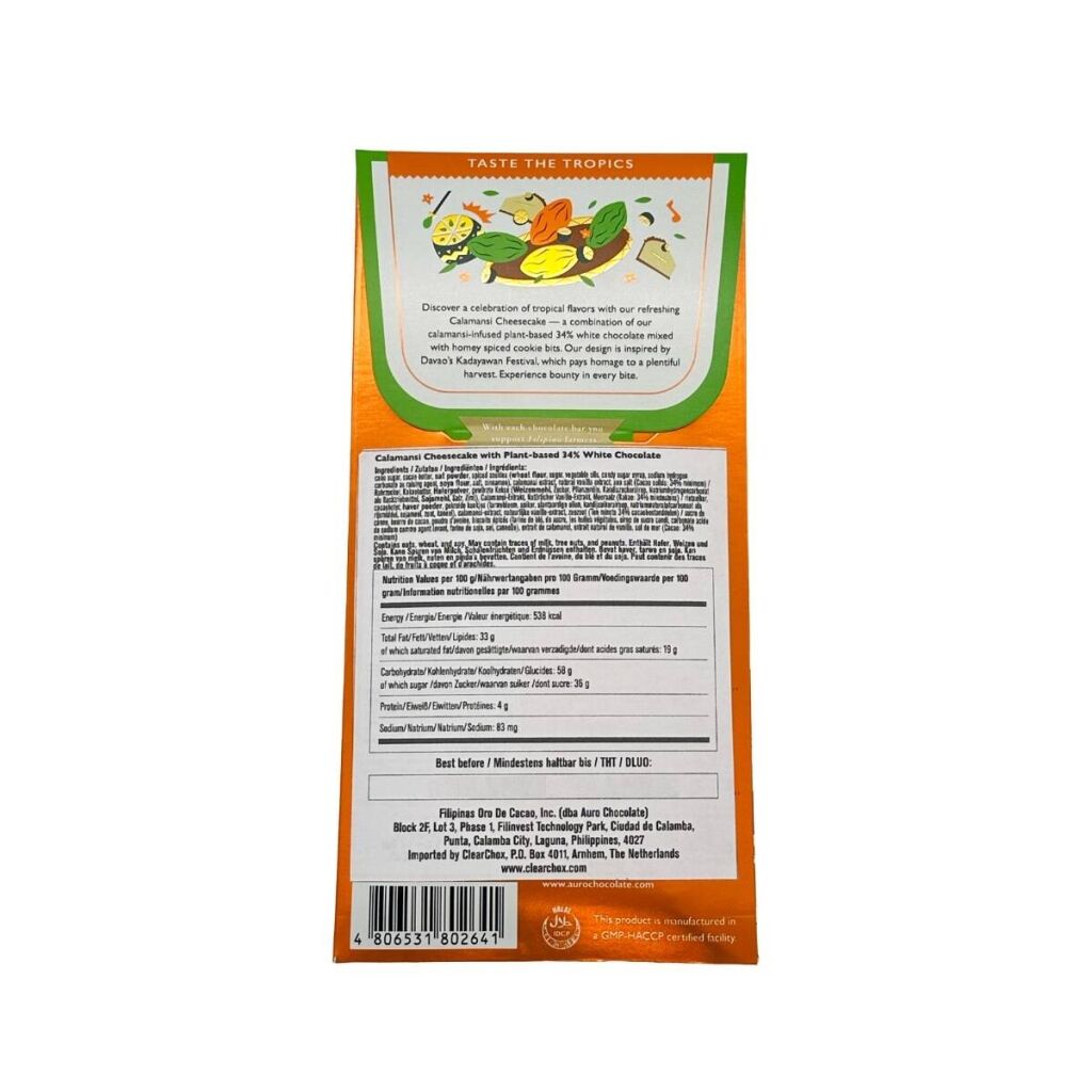 The back of the packaging of an Auro calamansi cheesecake-flavoured chocolate bar
