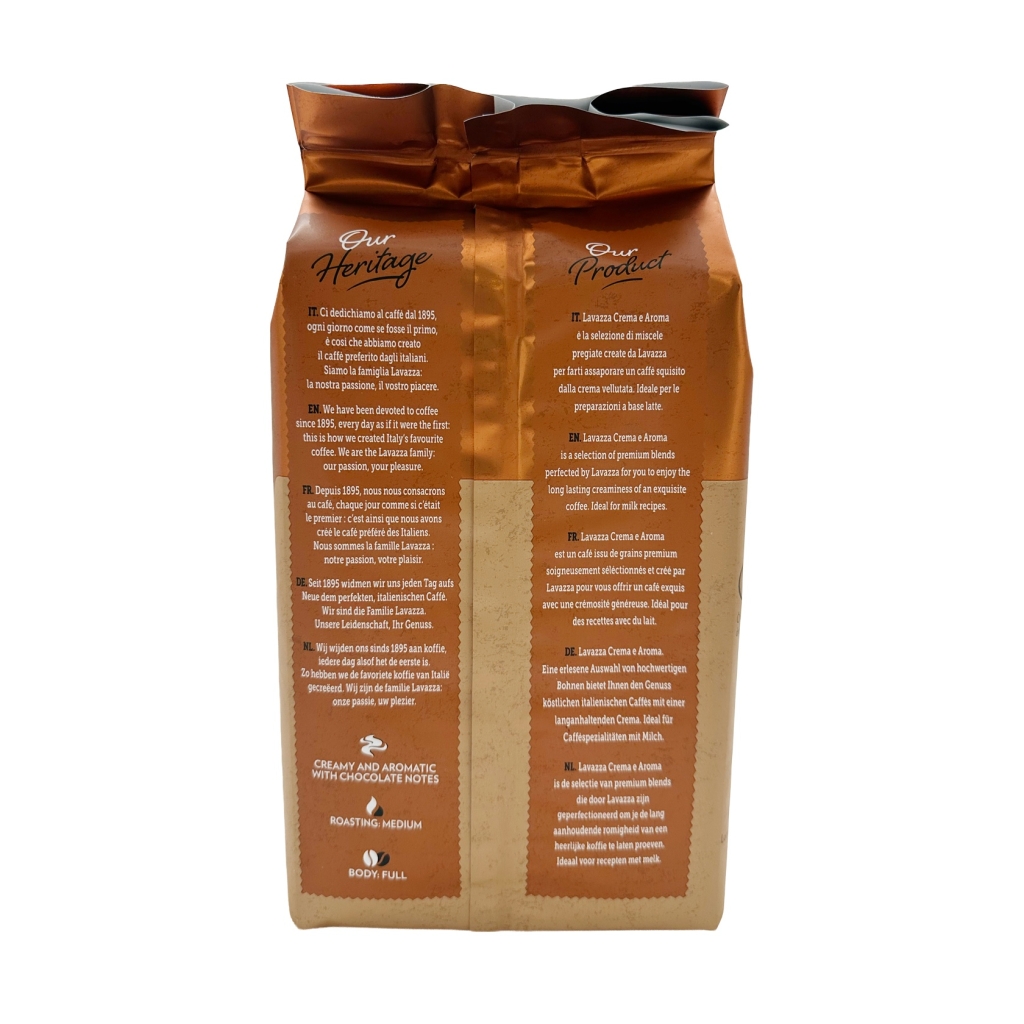 Achterzijde van een zak Lavazza Crema e Aroma Koffiebonen van 1 kilo