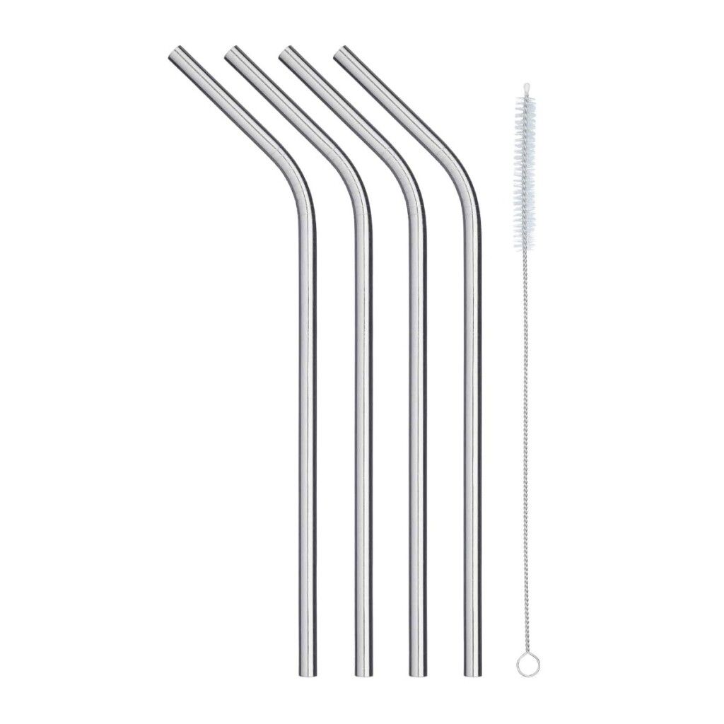 Reusable stainless steel straws, set of 4, with cleaning brush