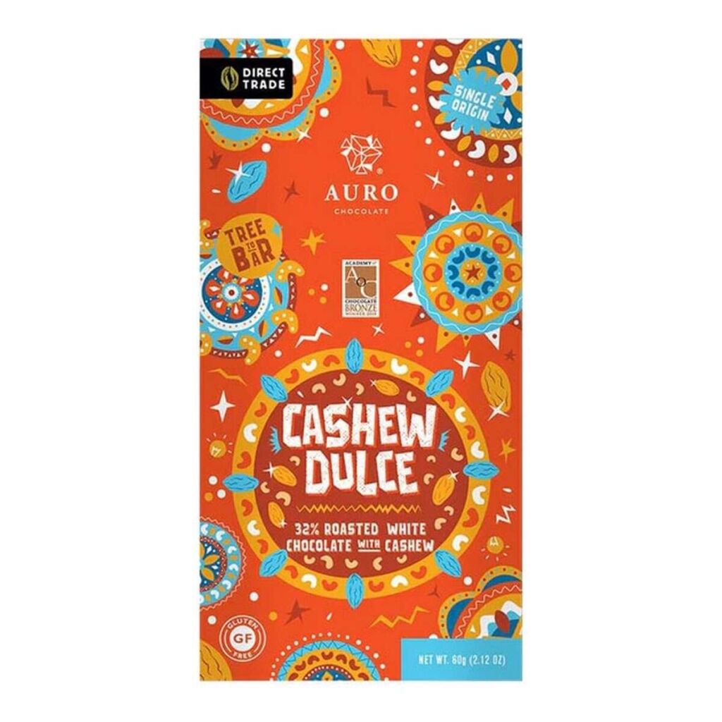 A cashew dulce flavoured chocolate bar from the brand Auro