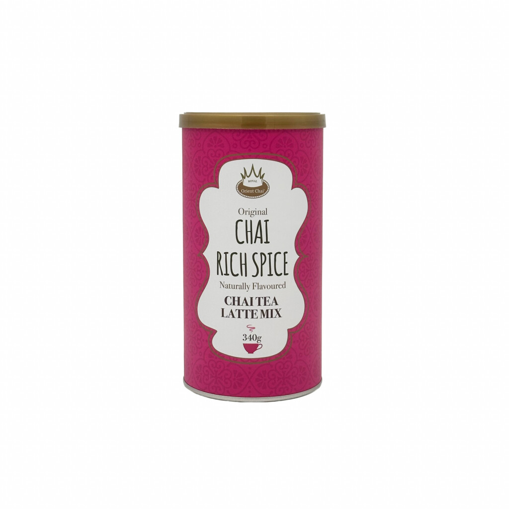 Voorkant van de Royal T Chai Rich Spice latte mix 340 gram
