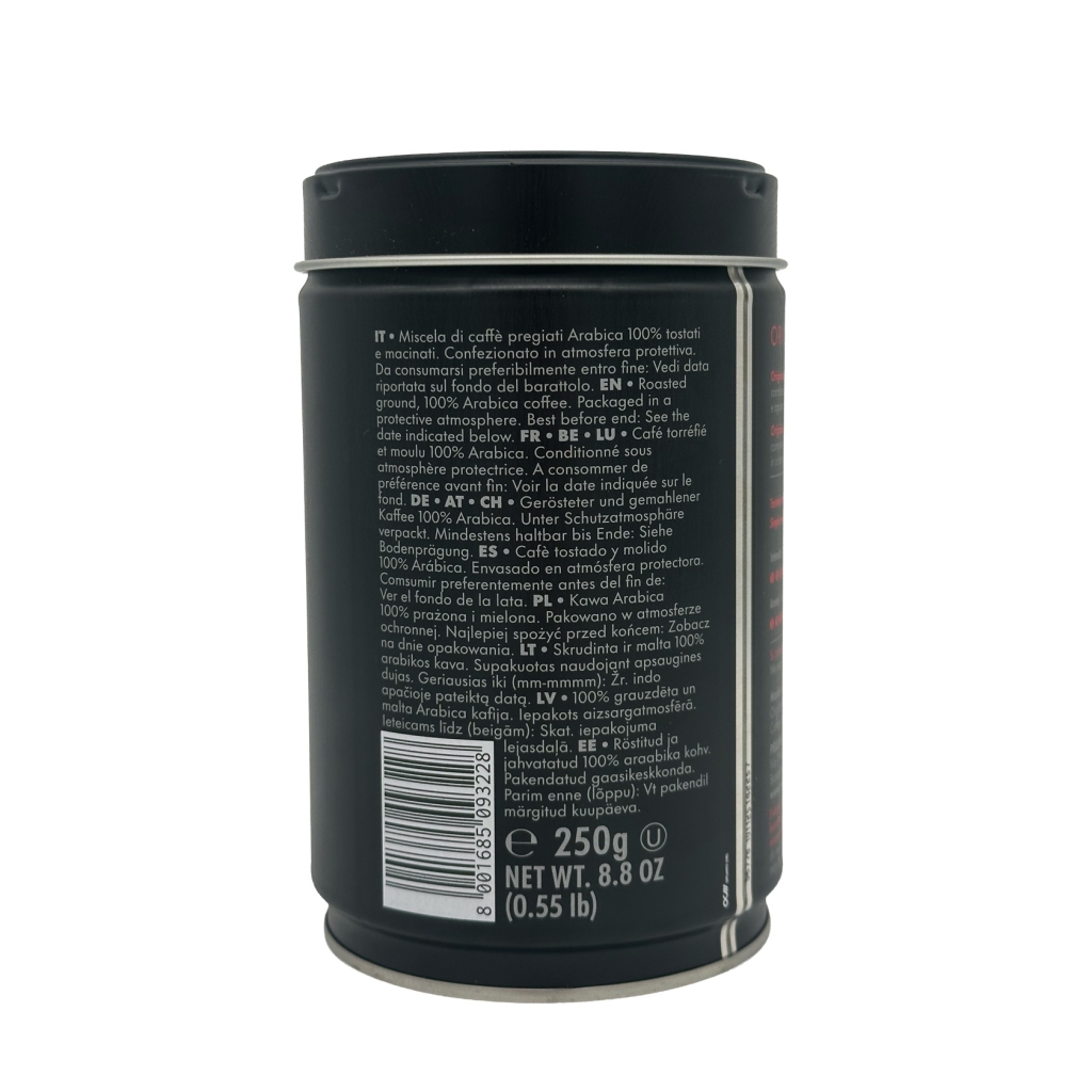 Achterkant van Pellini Top gemalen koffie in blik van 250 gram